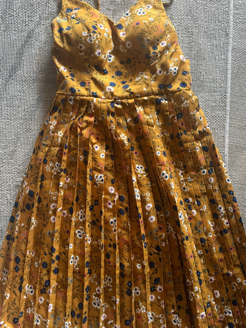 Zara Mustard Floral Pleated Sundress with Blue and White Accents